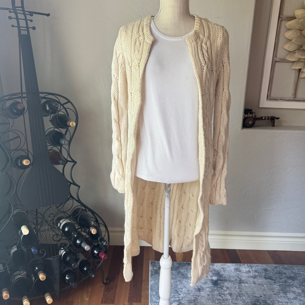Garnet Hill Sweaters Womens Y2K Long Cable Knitted Wool Cardigan‎ Sweater Size S